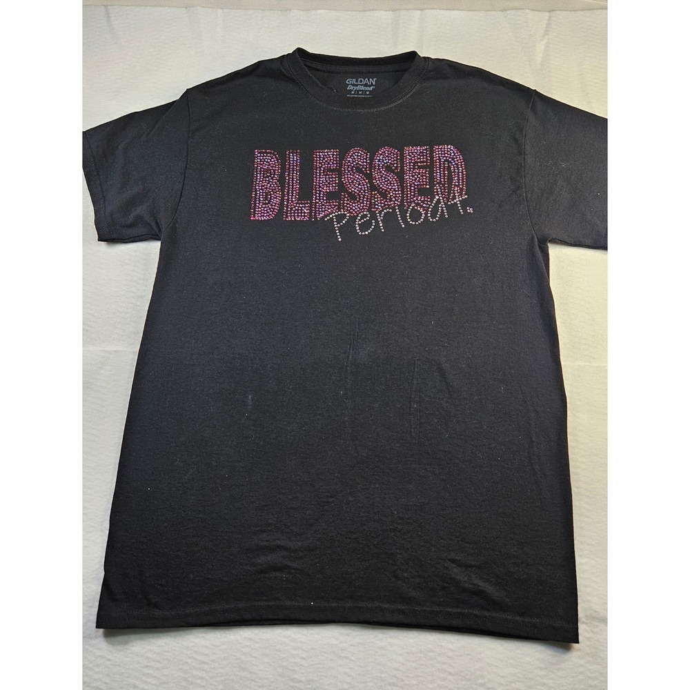 Gildan DryBlend Blessed Period Rhinestone Graphic T-Shirt Black Womens Medium